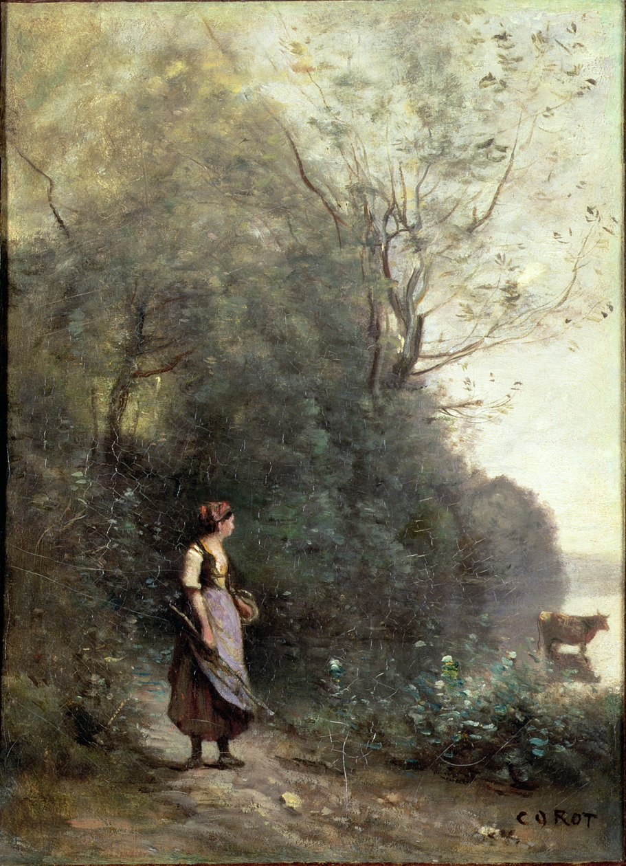 Chłopka pasąca krowę na skraju lasu, ok. 1865-70 autorstwa Jean Baptiste Camille Corot