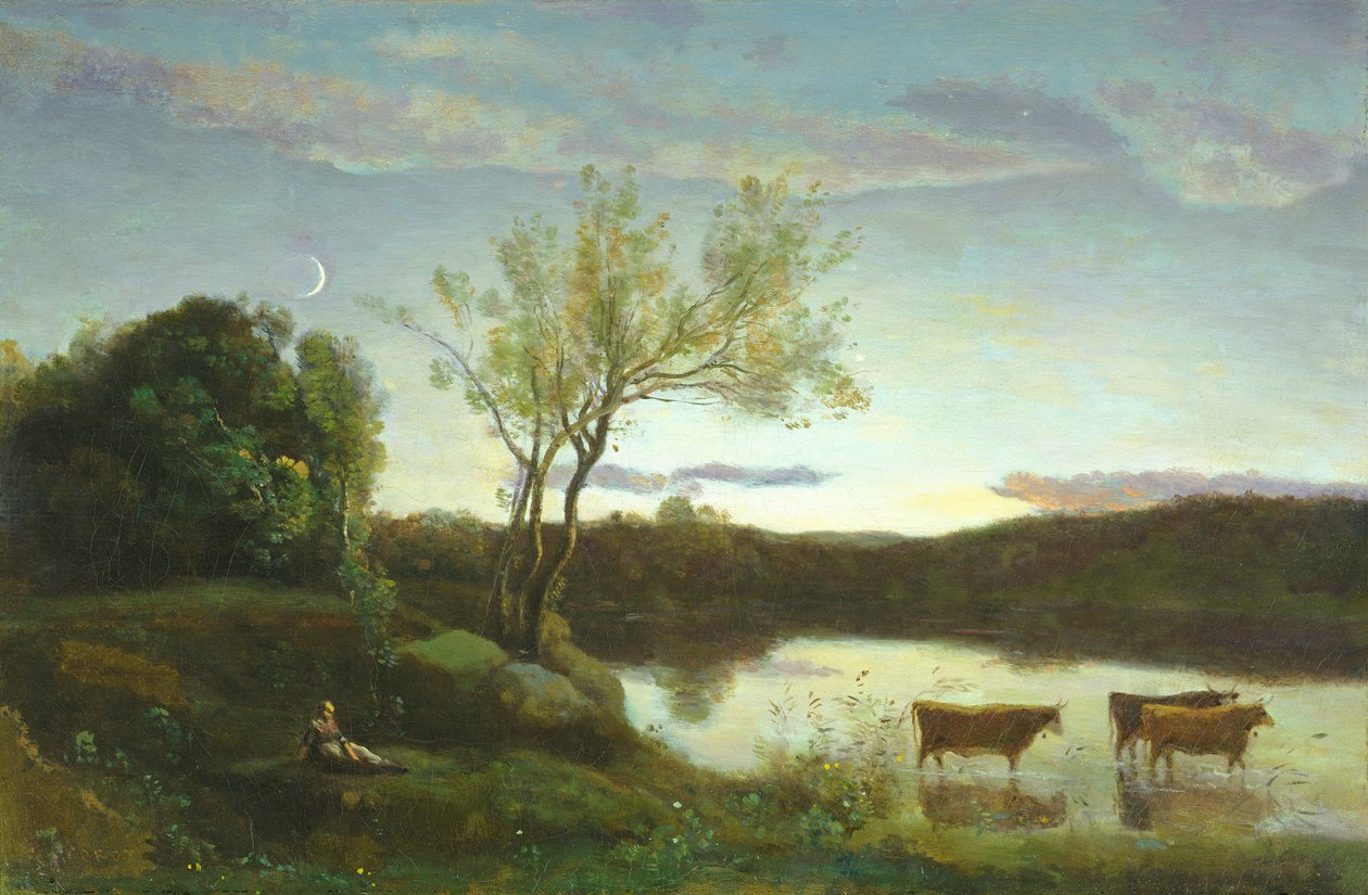 Staw z trzema krowami i półksiężycem, ok. 1850 autorstwa Jean Baptiste Camille Corot