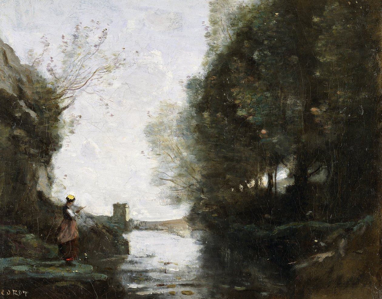 Rzeka z kwadratową wieżą i rolnikiem na pierwszym planie, ok. 1865-70 autorstwa Jean Baptiste Camille Corot