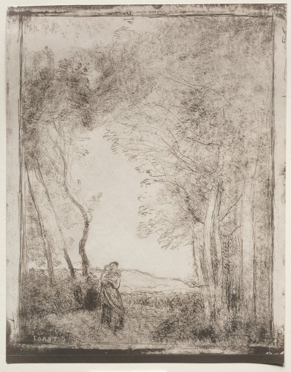 Młoda matka przy wejściu do lasu, oryginalny odcisk 1856, wydrukowany w 1921 r. autorstwa Jean Baptiste Camille Corot