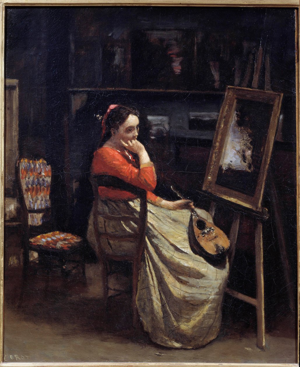 Zamyślona młoda kobieta z mandoliną w ręku w pracowni malarza Obraz Camille Corot (1796-1875) 1865 nd. 0,56x0,46 m Paryż, Musee d