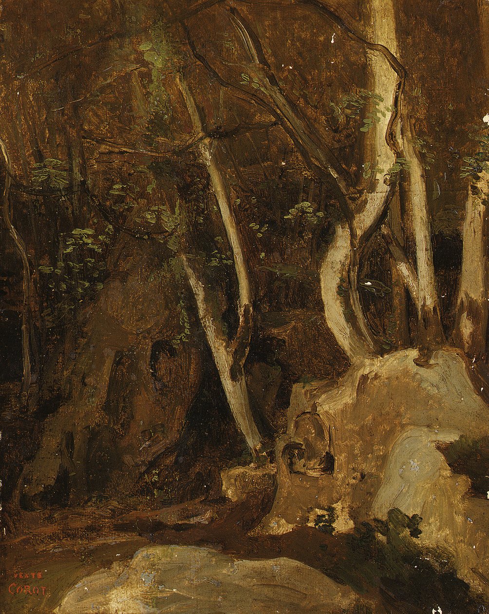 W Civita Castellana, zalesione skały, 1825-28 autorstwa Jean Baptiste Camille Corot