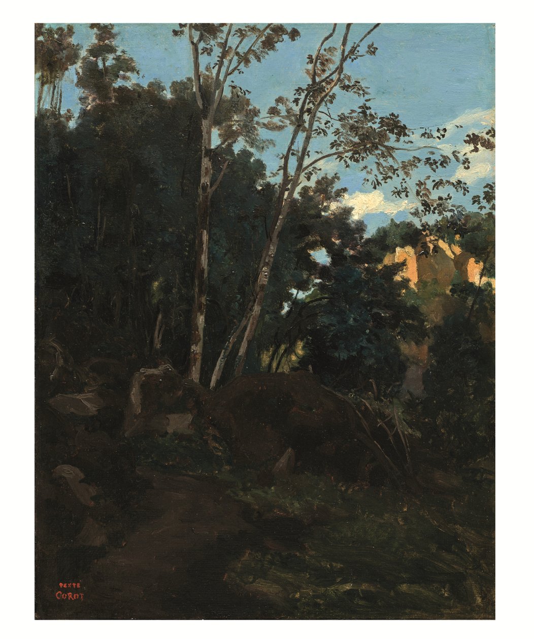 Gaj drzew wśród skał w Civita Castellana (olej na papierze nałożonym na płótno) autorstwa Jean Baptiste Camille Corot