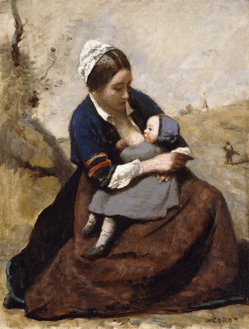 Breton karmiący swoje dziecko piersią; Breton karmiący piersią swoje dziecko, 1855-1860 autorstwa Jean Baptiste Camille Corot