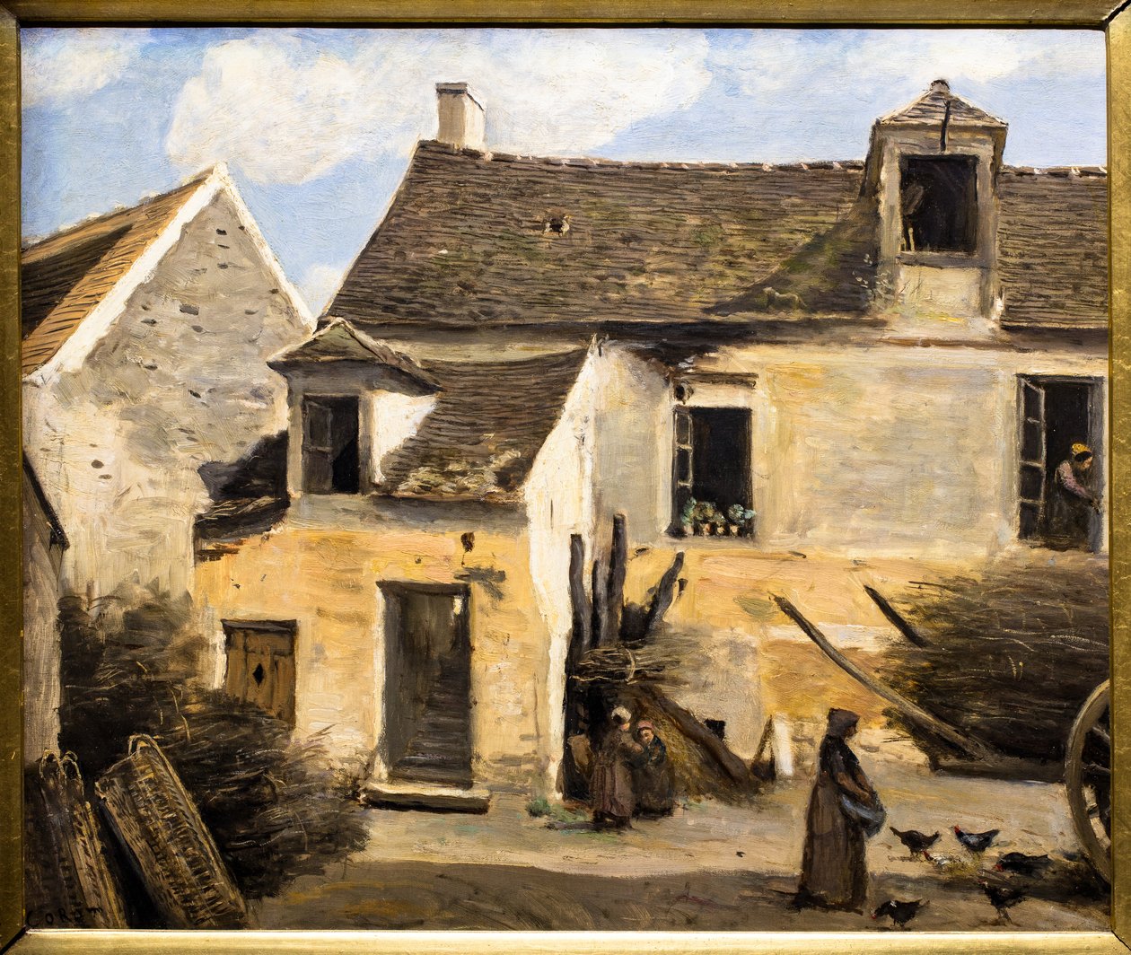 Dziedziniec domu pod Paryżem autorstwa Jean Baptiste Camille Corot