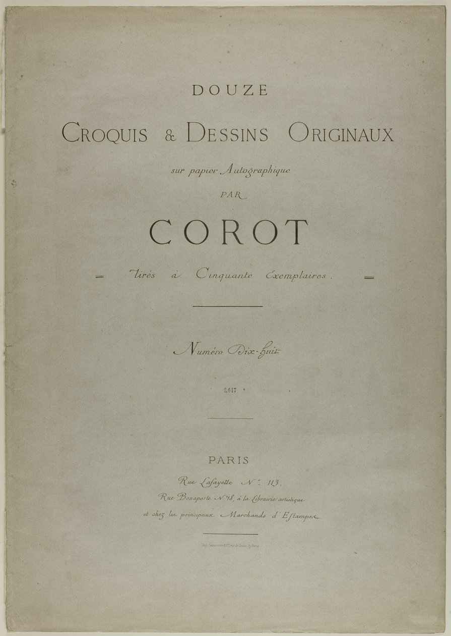 Okładka i tekst do albumu Douze Croquis et Dessins Originaux autorstwa Jean Baptiste Camille Corot
