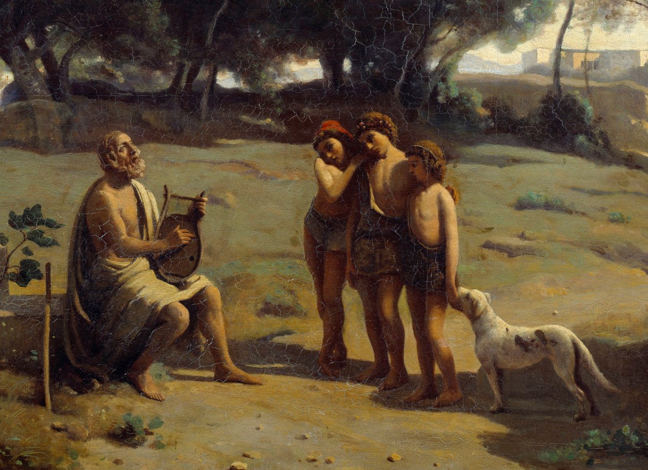 Fragment obrazu „Homere i pasterze””. Grecki poeta na wyspie Pathmos i trójka młodych chłopców. Obraz Camille Corot (1796-1875) 1845 nd. 0,8x1,3 m Saint Lo, Musee des Beaux Arts autorstwa Jean Baptiste Camille Corot