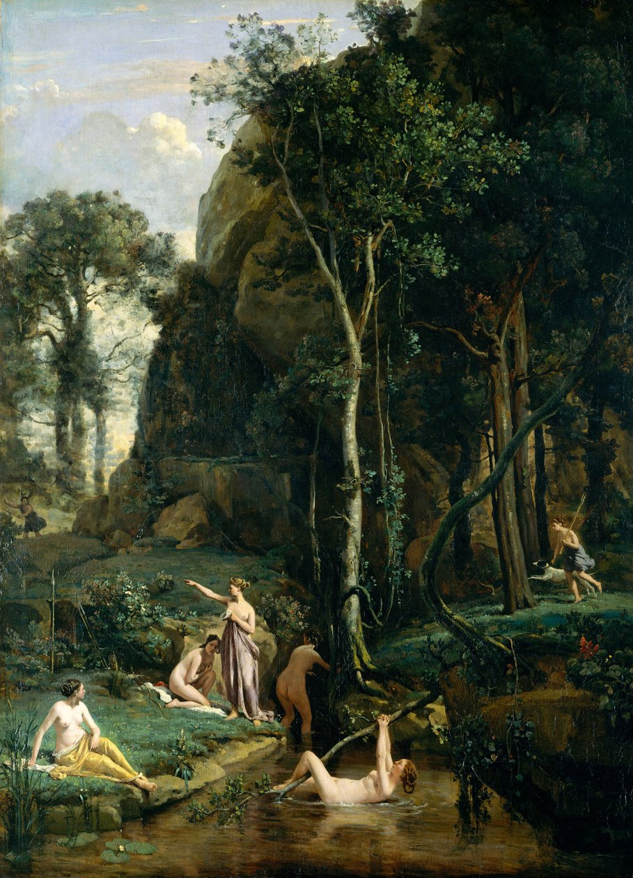 Akteon zaskakuje boginię Artemidę (Dianę) podczas kąpieli ze swoimi towarzyszami. autorstwa Jean Baptiste Camille Corot