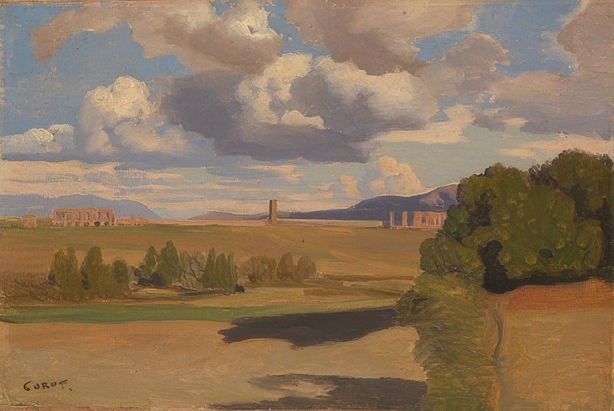 Kampania rzymska z Aqua Claudia. prawdopodobnie 1826 autorstwa Jean Baptiste Camille Corot
