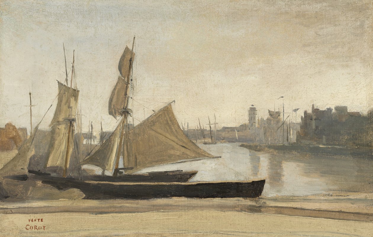 Dunkierka, Łodzie rybackie przywiązane do nabrzeża, ok. 1830 r. autorstwa Jean Baptiste Camille Corot