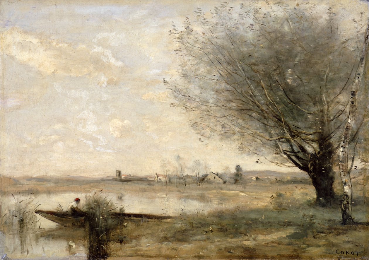 Rybak zacumowany przy brzegu (olej na płótnie) autorstwa Jean Baptiste Camille Corot