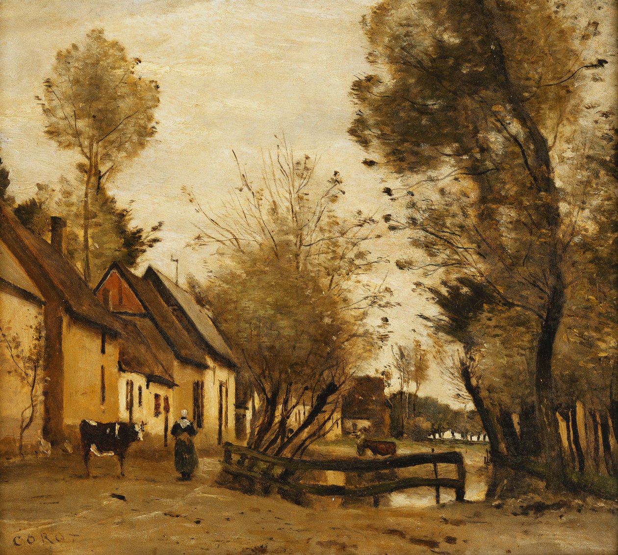Flesselles, Ulica z chłopem i krową; Flesselles, ulica z chłopką i jej krową, ok. 1862-1865 autorstwa Jean Baptiste Camille Corot