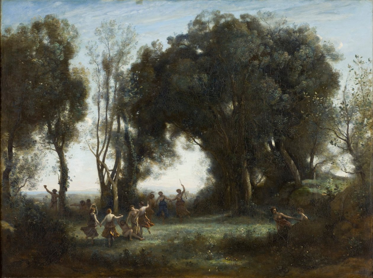 Francuski:  Une matinée, la danse des nymphes Poranek. Taniec nimf autorstwa Jean Baptiste Camille Corot