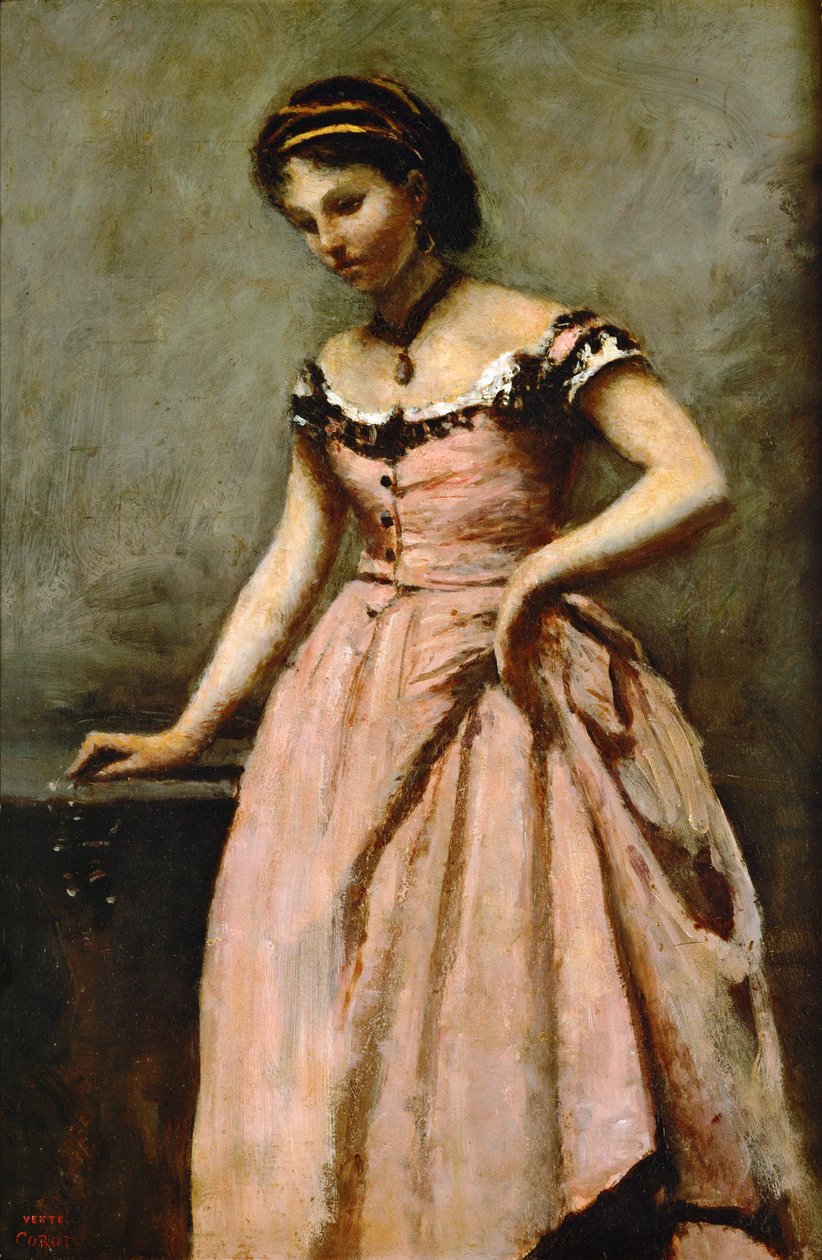 Dziewczyna w różowej sukience z różami i perłą ... autorstwa Jean Baptiste Camille Corot