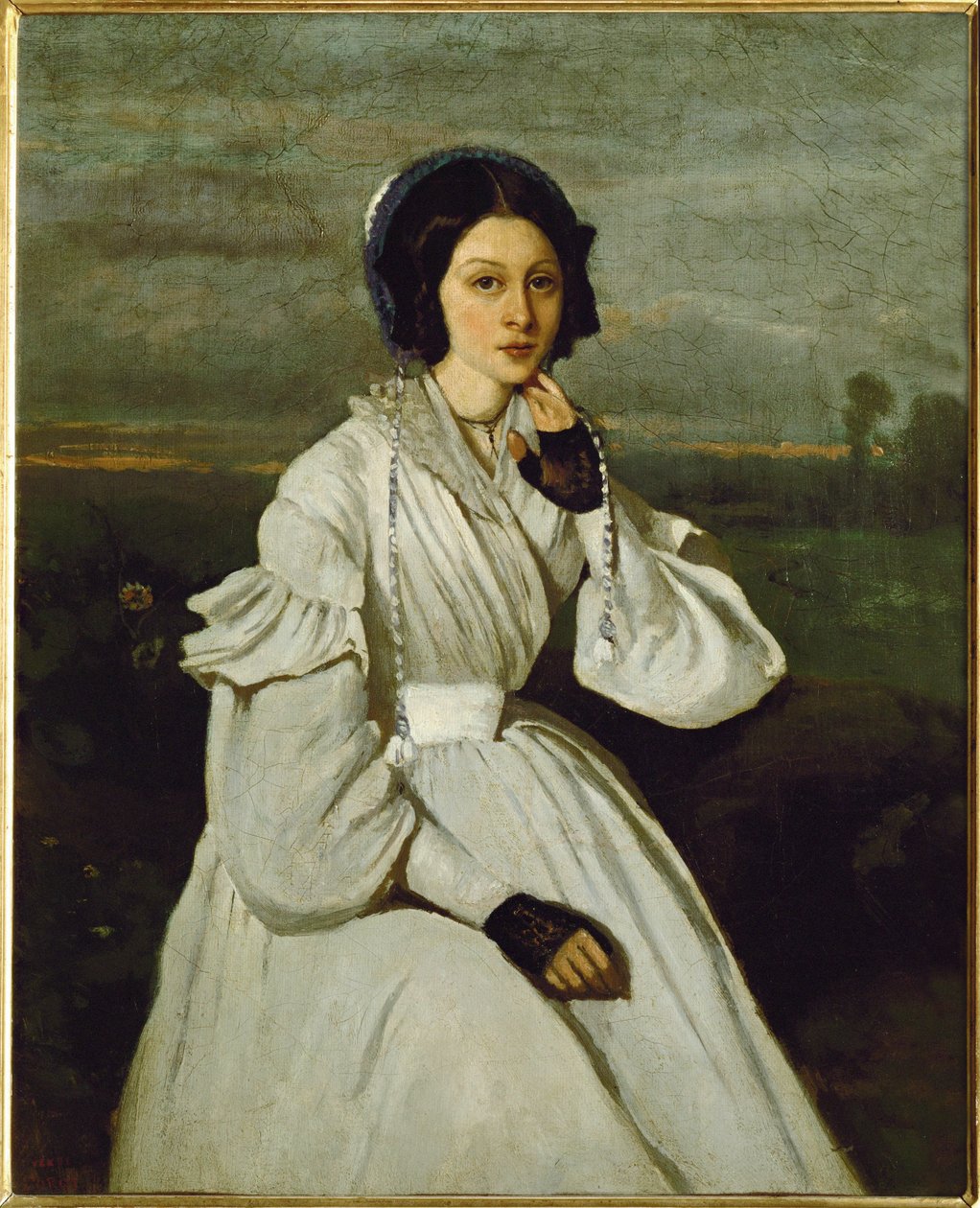 Dziewczyna w białej sukience na tle krajobrazu ... autorstwa Jean Baptiste Camille Corot