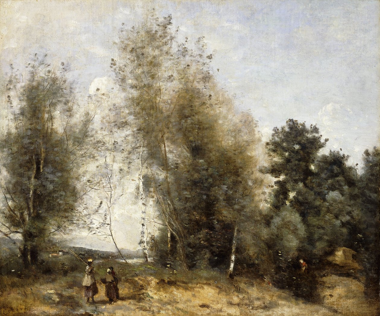 Grupa drzew na brzegu stawu z trzema chłopami; Grupa drzew na brzegu stawu, z trzema wieśniakami, ok. 1865-1870 autorstwa Jean Baptiste Camille Corot