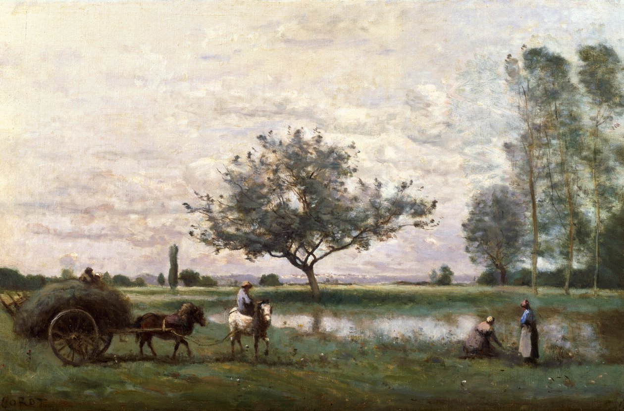 Wóz z sianem nad rzeką autorstwa Jean Baptiste Camille Corot