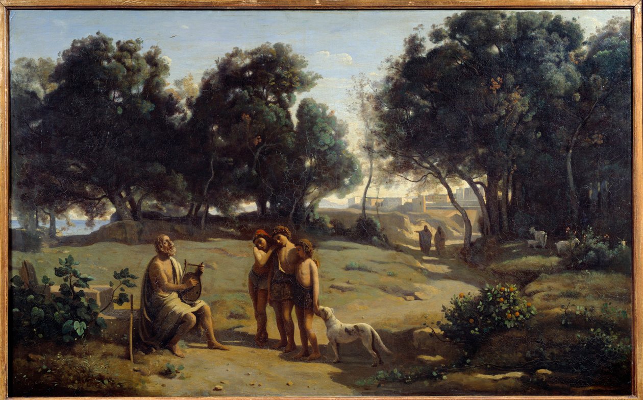 Homer i pasterze. Grecki poeta na wyspie Patmos. Obraz Camille Corot (1796-1875) 1845 nd. 0,8x1,3 m Saint Lo, Musee des Beaux Arts autorstwa Jean Baptiste Camille Corot