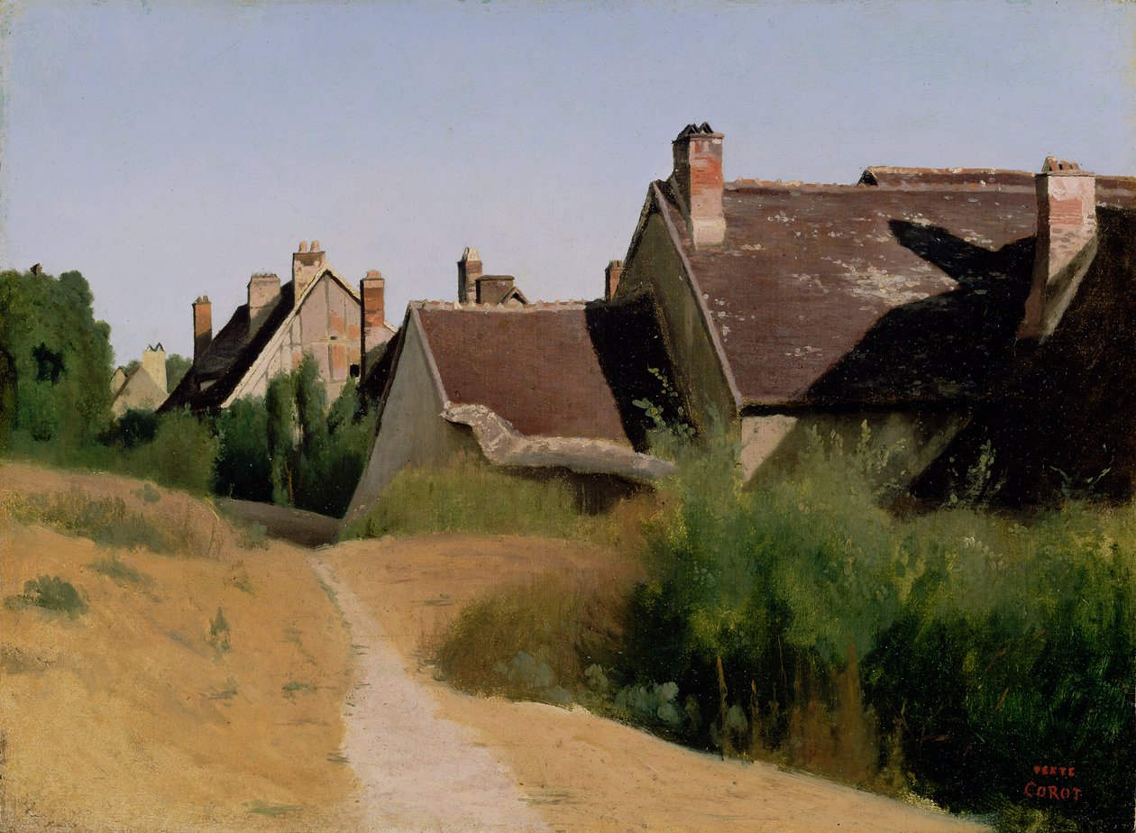 Domy w pobliżu Orleanu. ok. 1830 (olej na papierze montowany na tartaku) autorstwa Jean Baptiste Camille Corot