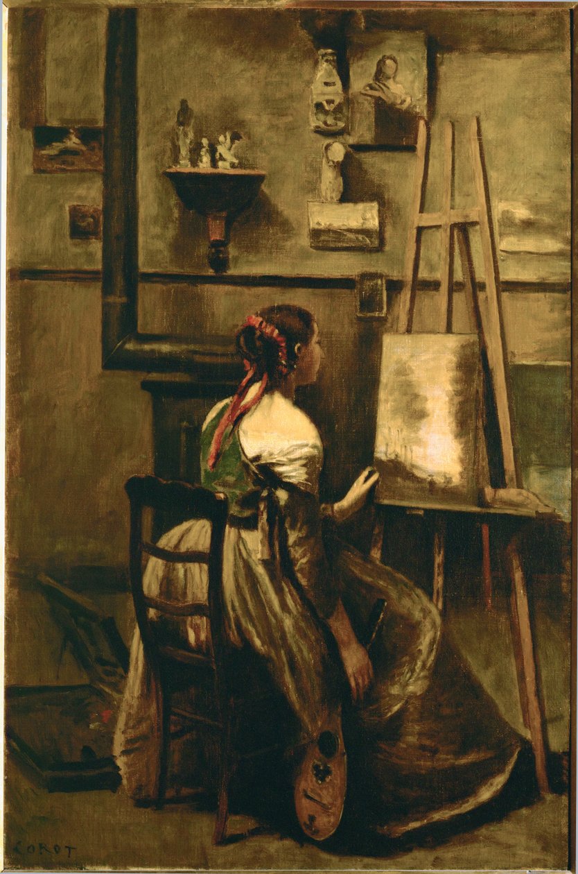 Pracownia Corota - młoda kobieta siedząca przed sztalugą ... autorstwa Jean Baptiste Camille Corot