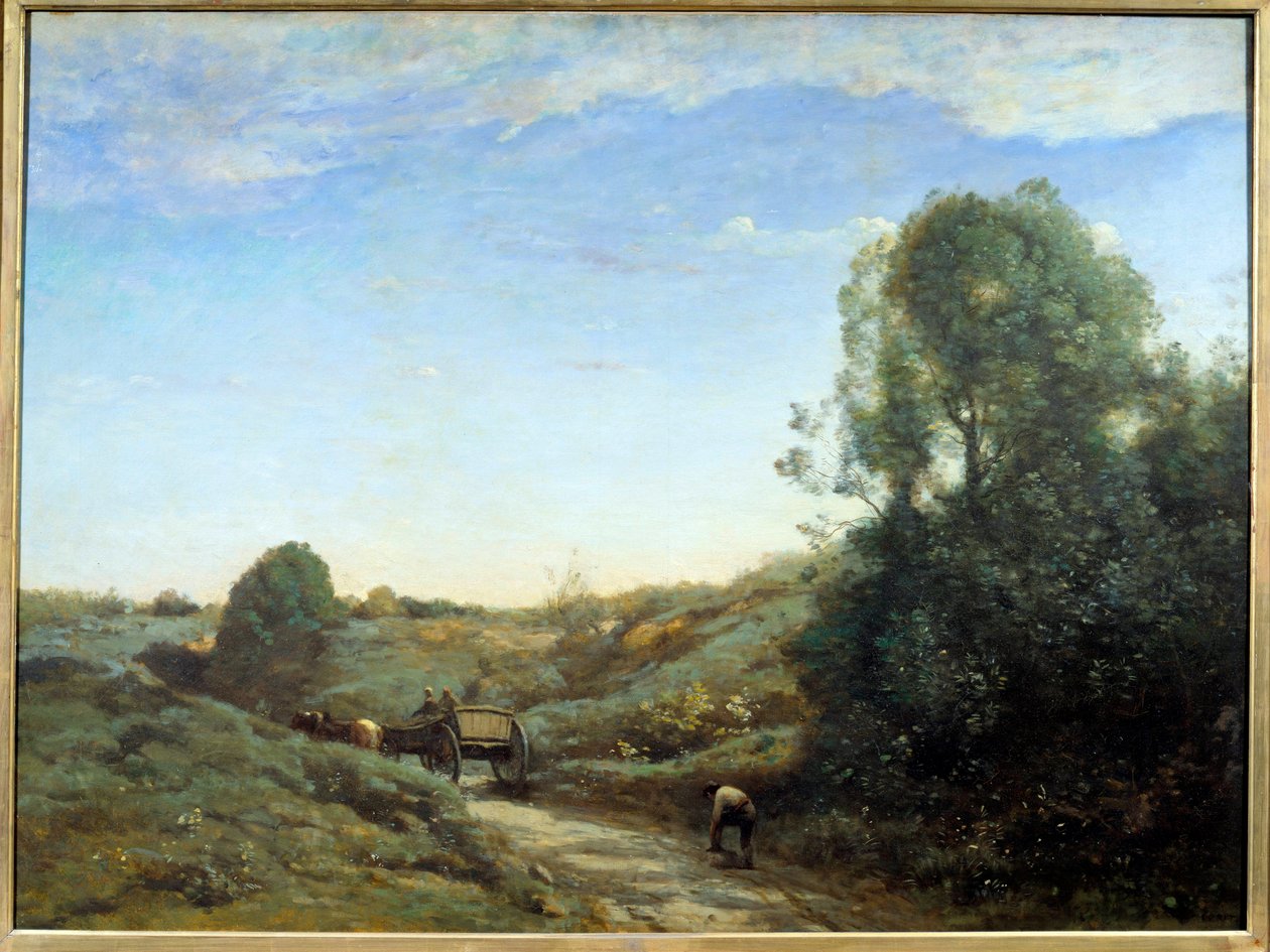 La Charrette - Pamiątka z Marcoussis (niedaleko Montlhery). Obraz Camille Corot (1796-1875), ok. 1855. Olej na płótnie. Rozmiar: 0,97 x 1,30 m. Paryż, Muzeum Orsay autorstwa Jean Baptiste Camille Corot