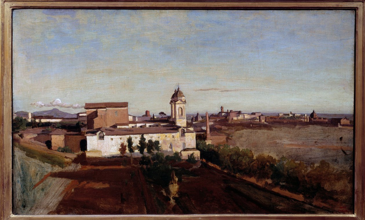 Widok na La Trinite des Monts z Villa Medicis Widok na kościół Trinita dei Monti w Rzymie. Obraz Camille Corot (1796-1875) XIX w. Słońce. 0,45x0,74 m² autorstwa Jean Baptiste Camille Corot