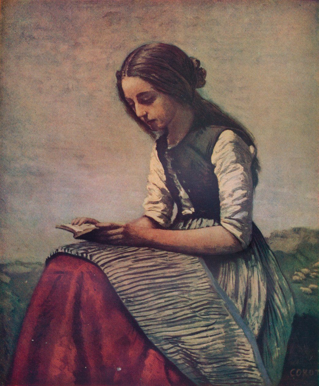 La petite Liseuse lub Młoda pasterka siedząca i czytająca, ok. 1855 r. autorstwa Jean Baptiste Camille Corot
