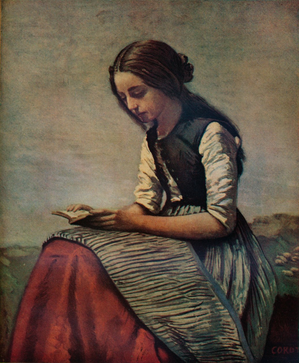 La petite Liseuse lub Młoda pasterka siedząca i czytająca, ok. 1855 r. autorstwa Jean Baptiste Camille Corot