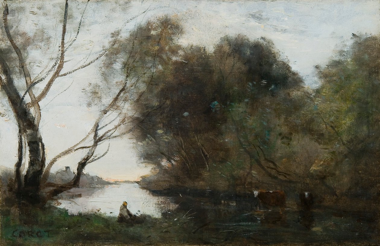 Jezioro: zachodzące słońce, ok. 1820-1860. autorstwa Jean Baptiste Camille Corot