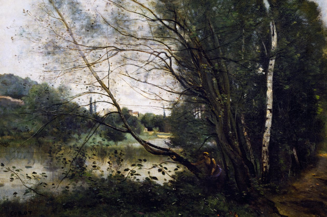 Jezioro z pochylonym pniem drzewa autorstwa Jean Baptiste Camille Corot
