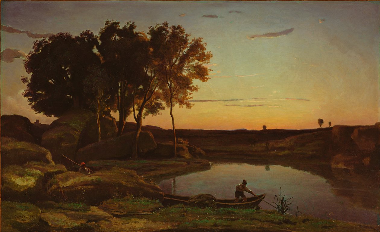 Krajobraz z jeziorem i przewoźnikiem, 1839 autorstwa Jean Baptiste Camille Corot