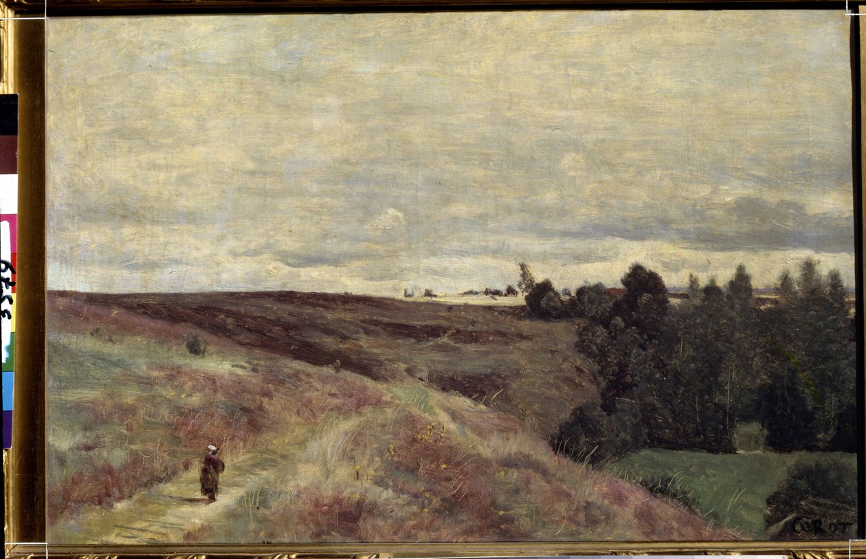 „Wrzosowiska pokryte wrzosem w pobliżu Vimoutiers w Normandii” (Wrzosy pokryte wrzosem w pobliżu Vimoutiers) Obraz Camille Corot (1796-1875) około 1860 Muzeum Pouchkine, Moskwa autorstwa Jean Baptiste Camille Corot