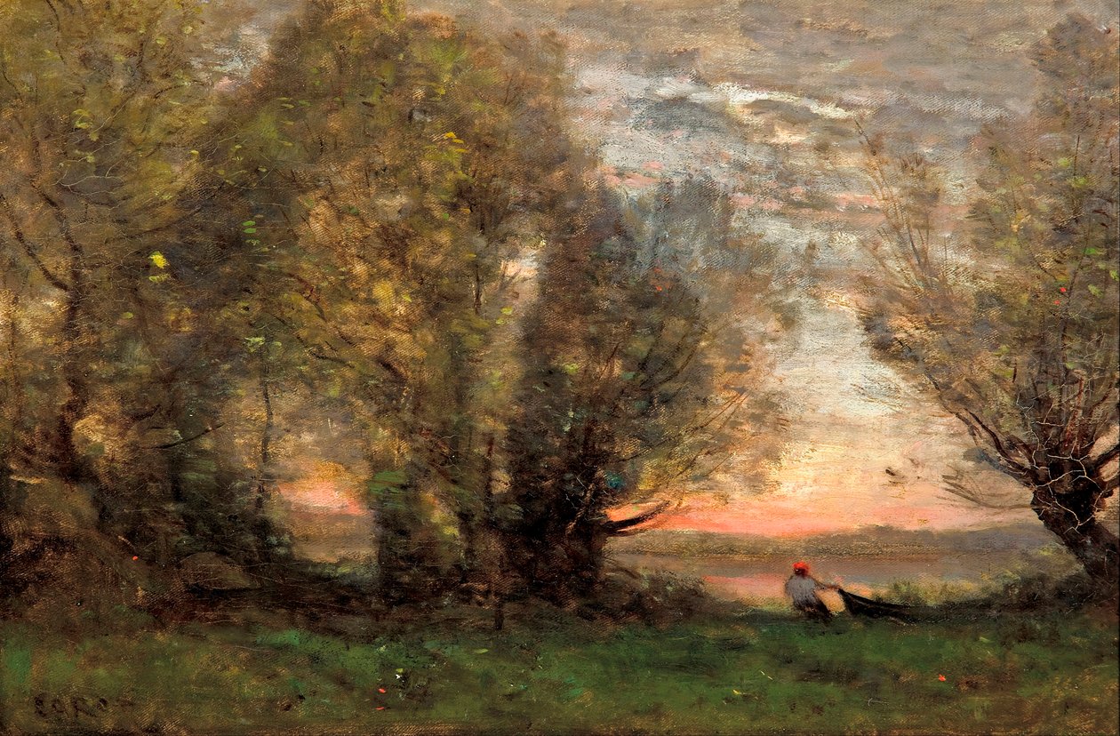 "Rybak, efekt wieczoru" (Rybak, efekt wieczoru) Obraz Jean-Baptiste Camille Corot (1796-1875) - ok. 1860-1870 - Olej na płótnie, wym. 27,7x41,4 cm Galeria Sztuki Australii Południowej autorstwa Jean Baptiste Camille Corot