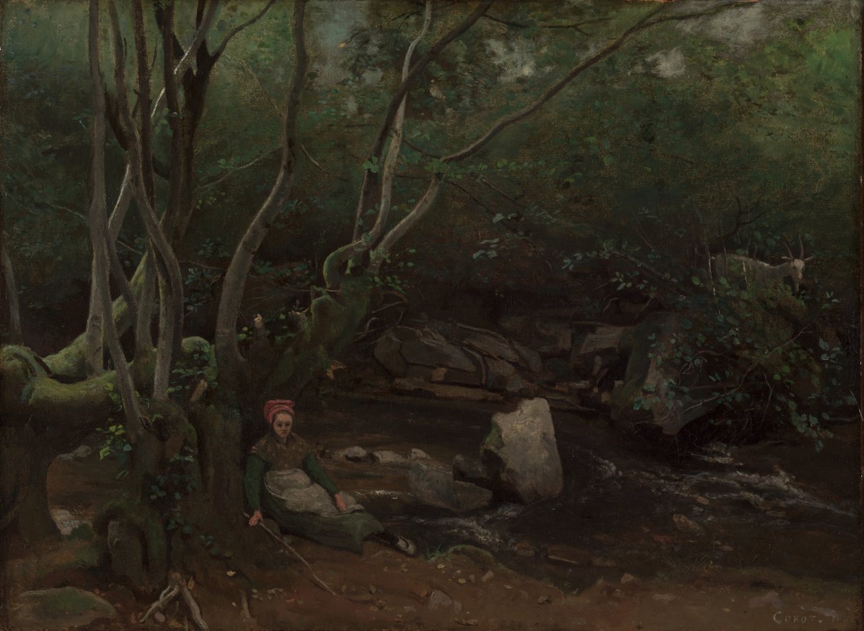 Lormes: Koza-dziewczyna siedząca nad strumieniem w lesie autorstwa Jean Baptiste Camille Corot