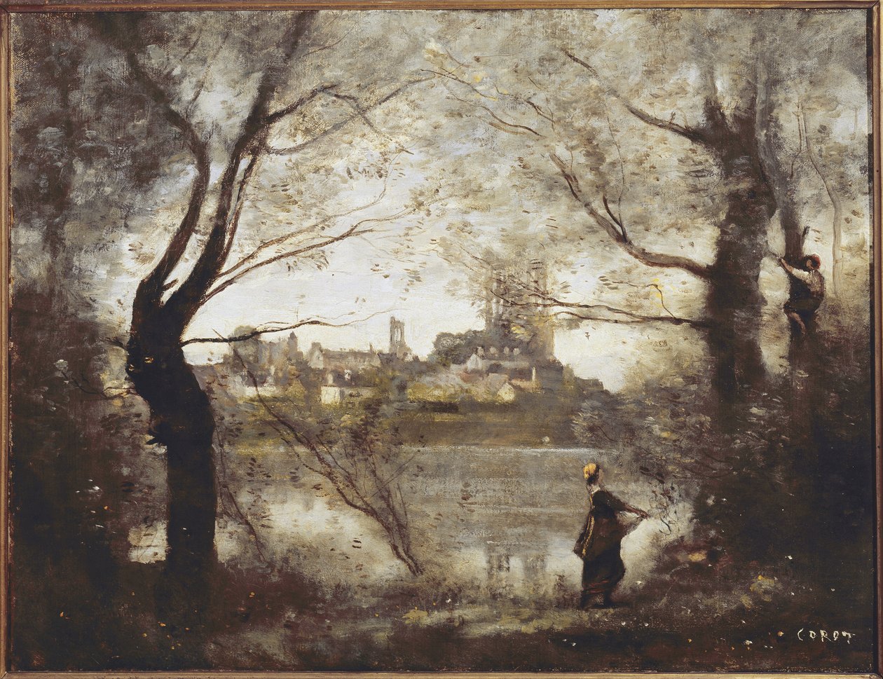 Mantes, katedra i miasto widziane przez drzewa, wieczór (olej na płótnie) autorstwa Jean Baptiste Camille Corot