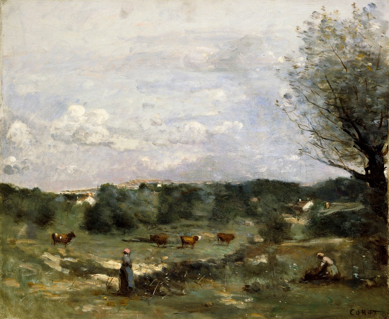 Łąka z Krowami, po prawej Wierzba i Odległa Wioska, autorstwa Jean Baptiste Camille Corot