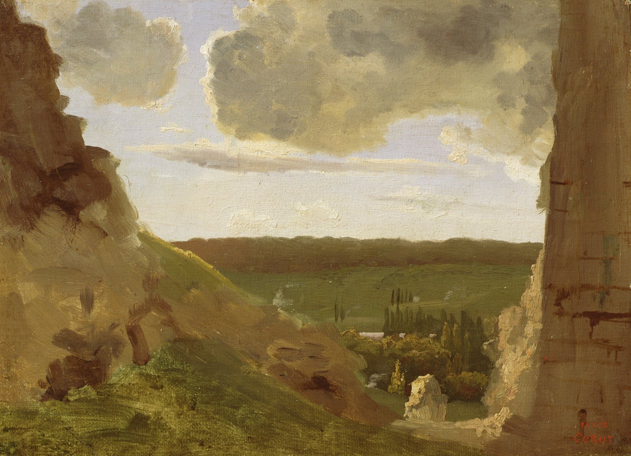 Ruiny średniowieczne, ok. 1828-30 (olej na płótnie zamontowany na płycie) autorstwa Jean Baptiste Camille Corot