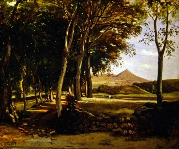 Krajobraz górski widziany przez aleję drzew (olej na płótnie) autorstwa Jean Baptiste Camille Corot