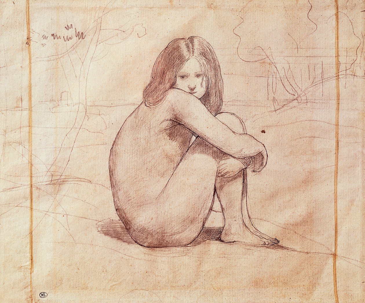 Naga dziewczyna siedząca, rysunek Jean-Baptiste-Camille Corot (1796-1875) autorstwa Jean Baptiste Camille Corot