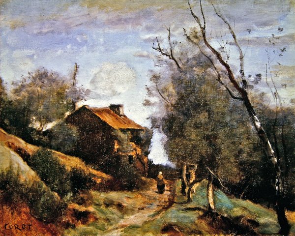 Ścieżka prowadząca do domu na wsi (olej na płótnie) autorstwa Jean Baptiste Camille Corot