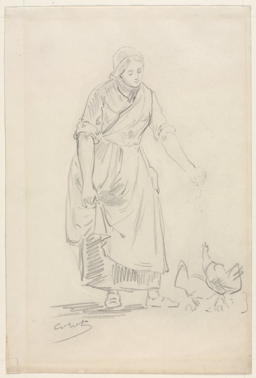 Wieśniaczka karmiąca kurczaki autorstwa Jean Baptiste Camille Corot