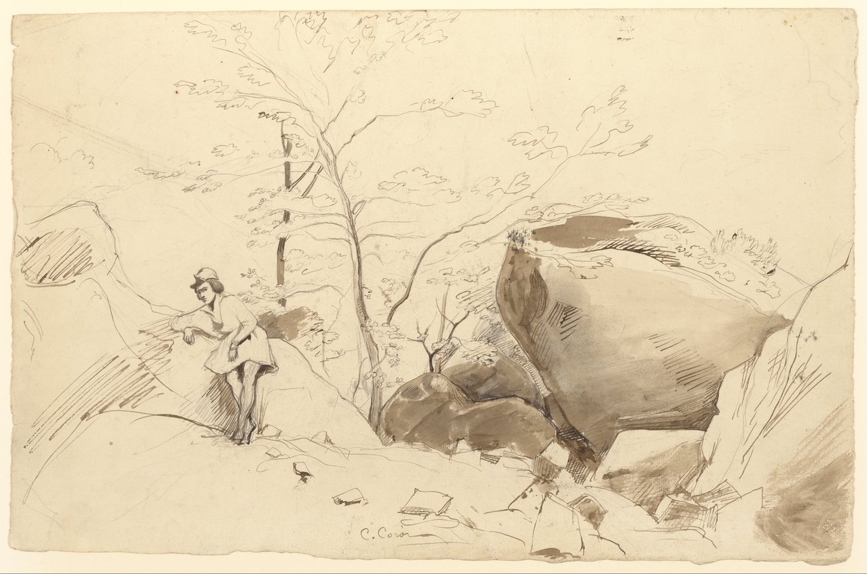 Pióro i brązowy tusz, pędzel i brązowy pył na ołówku na papierze autorstwa Jean Baptiste Camille Corot