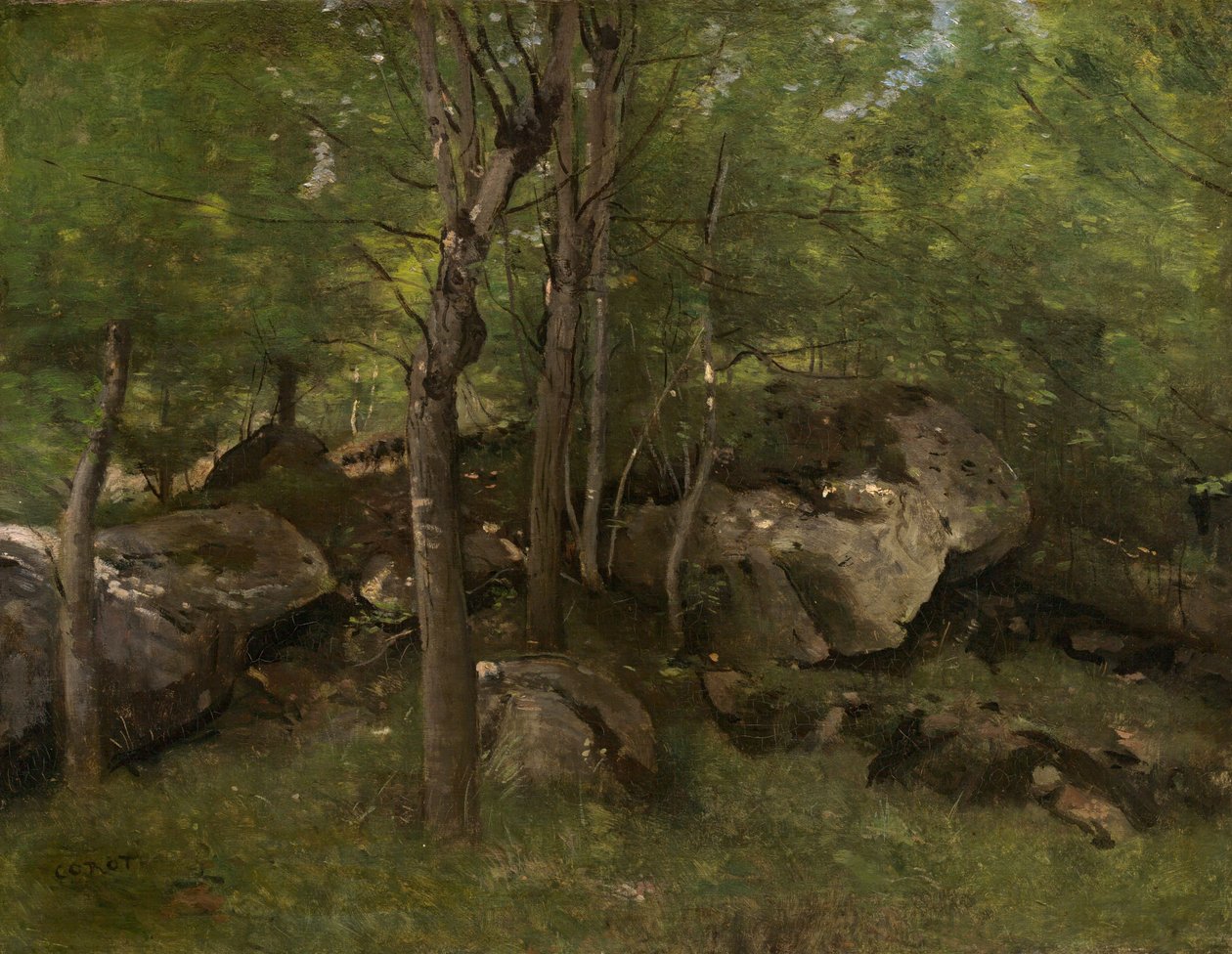 Skały w lesie Fontainebleau, 18601865. autorstwa Jean Baptiste Camille Corot