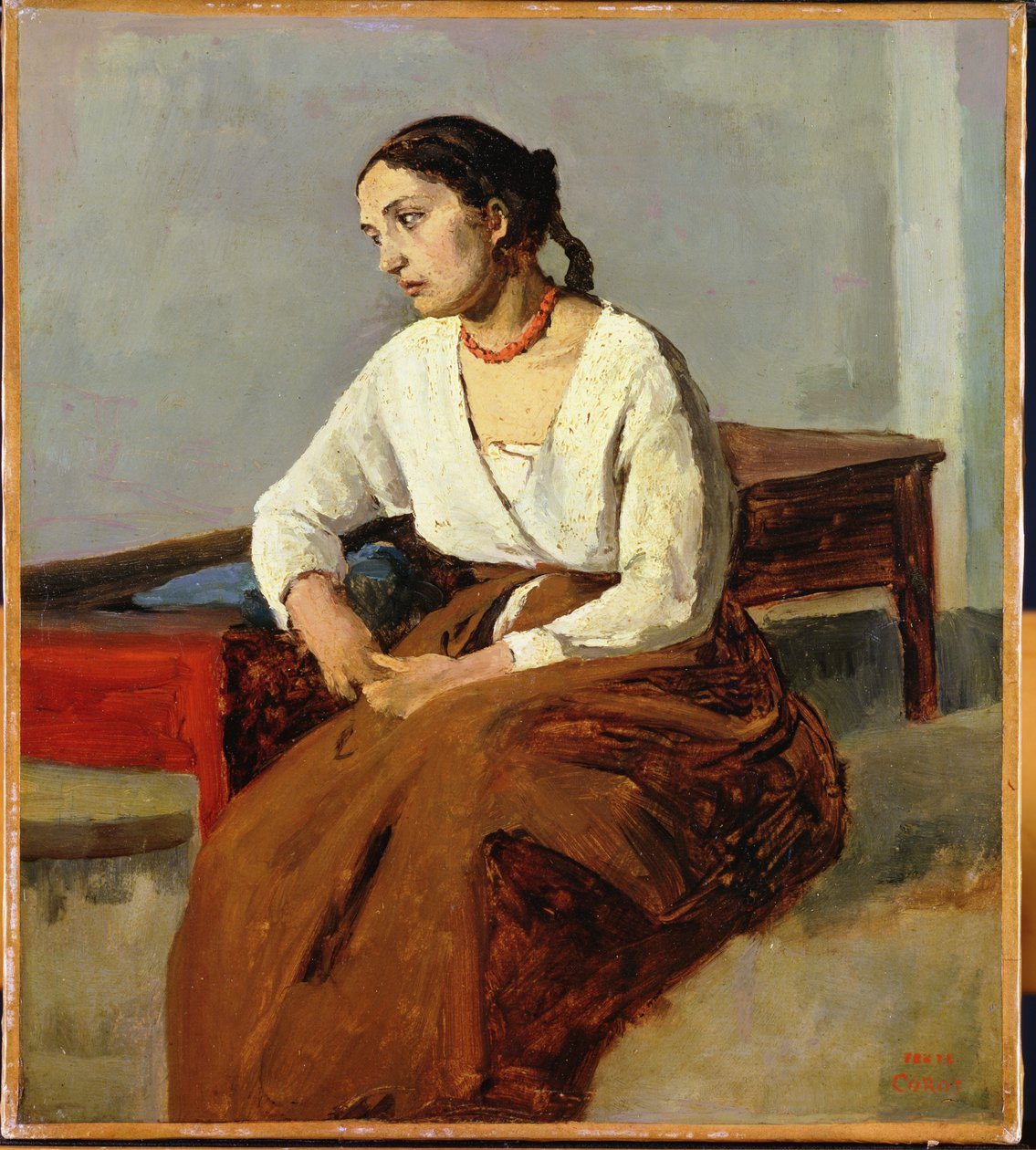 Siedząca kobieta w brązowej spódnicy autorstwa Jean Baptiste Camille Corot