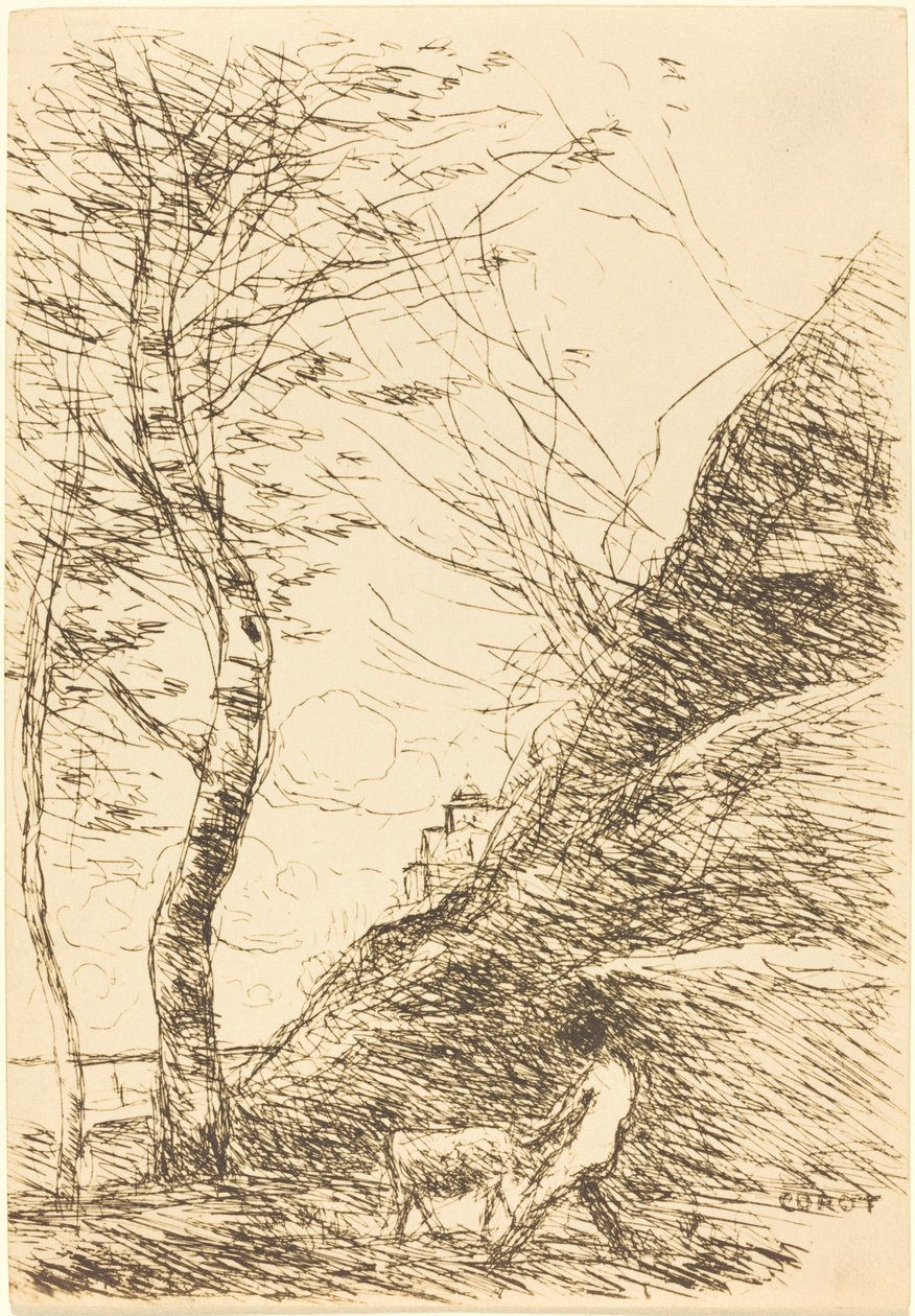 Pasterz zmagający się z kozim bergerem z chevre, 1874. autorstwa Jean Baptiste Camille Corot