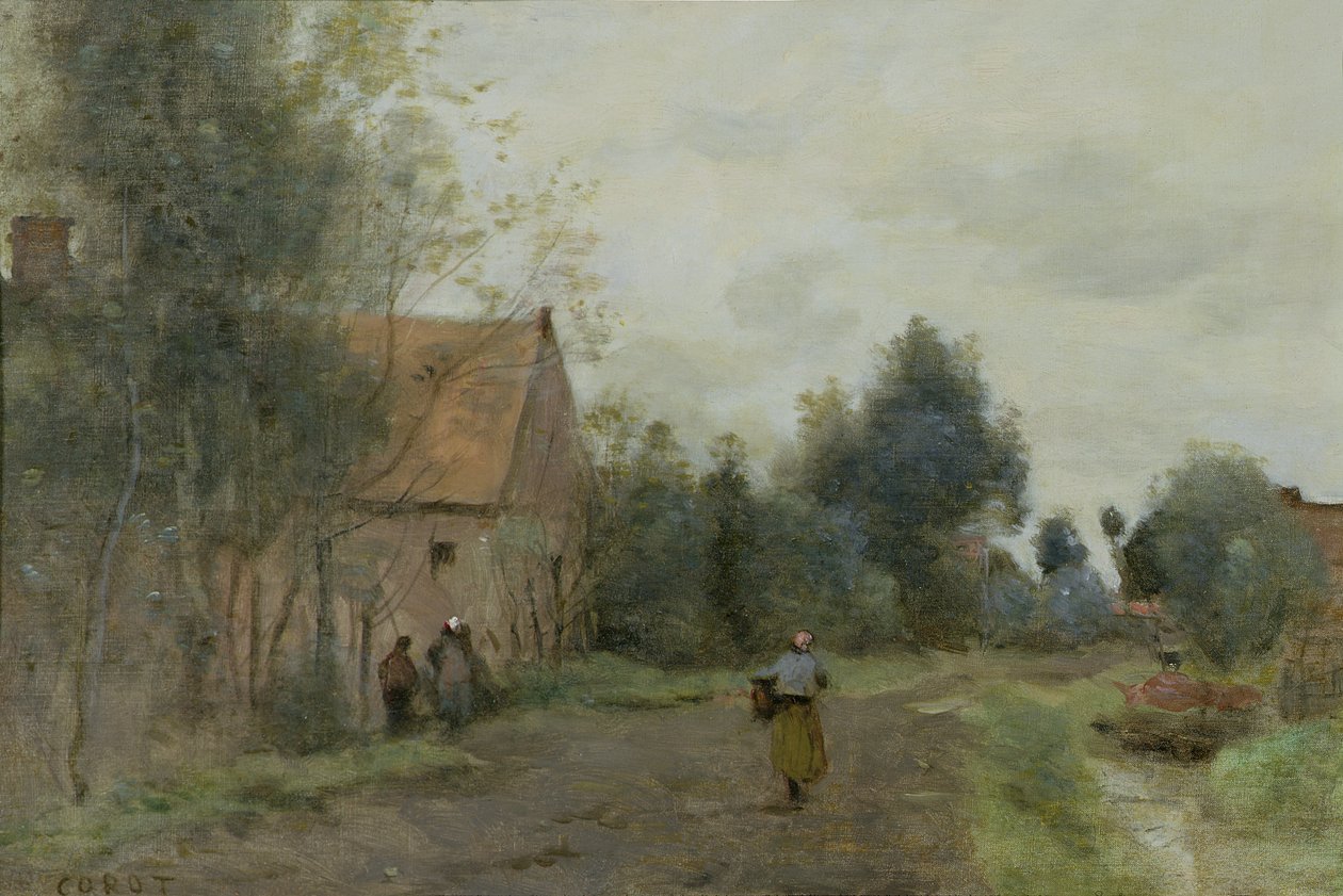 Grzech w pobliżu Douai, Village Street rano, szara pogoda, 1872 autorstwa Jean Baptiste Camille Corot