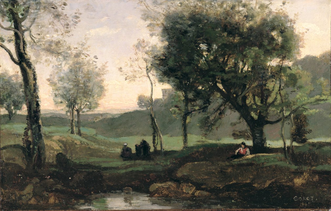 Zachód słońca: Postacie pod drzewami (olej na płótnie) autorstwa Jean Baptiste Camille Corot