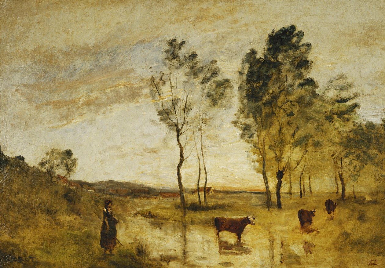 Ford; Krowy na skraju forda; Le Gue; Krowy na skraju drogi, ok. 1870-1873 autorstwa Jean Baptiste Camille Corot
