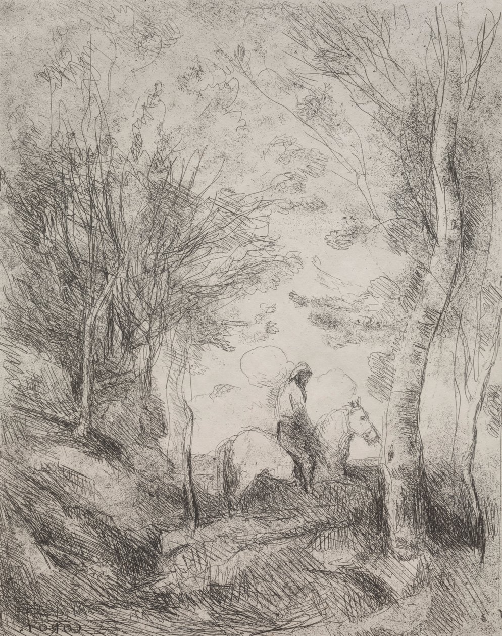 The Great Cavalier in the Wood, oryginalny nadruk 1854, wydrukowany w 1921 r. autorstwa Jean Baptiste Camille Corot