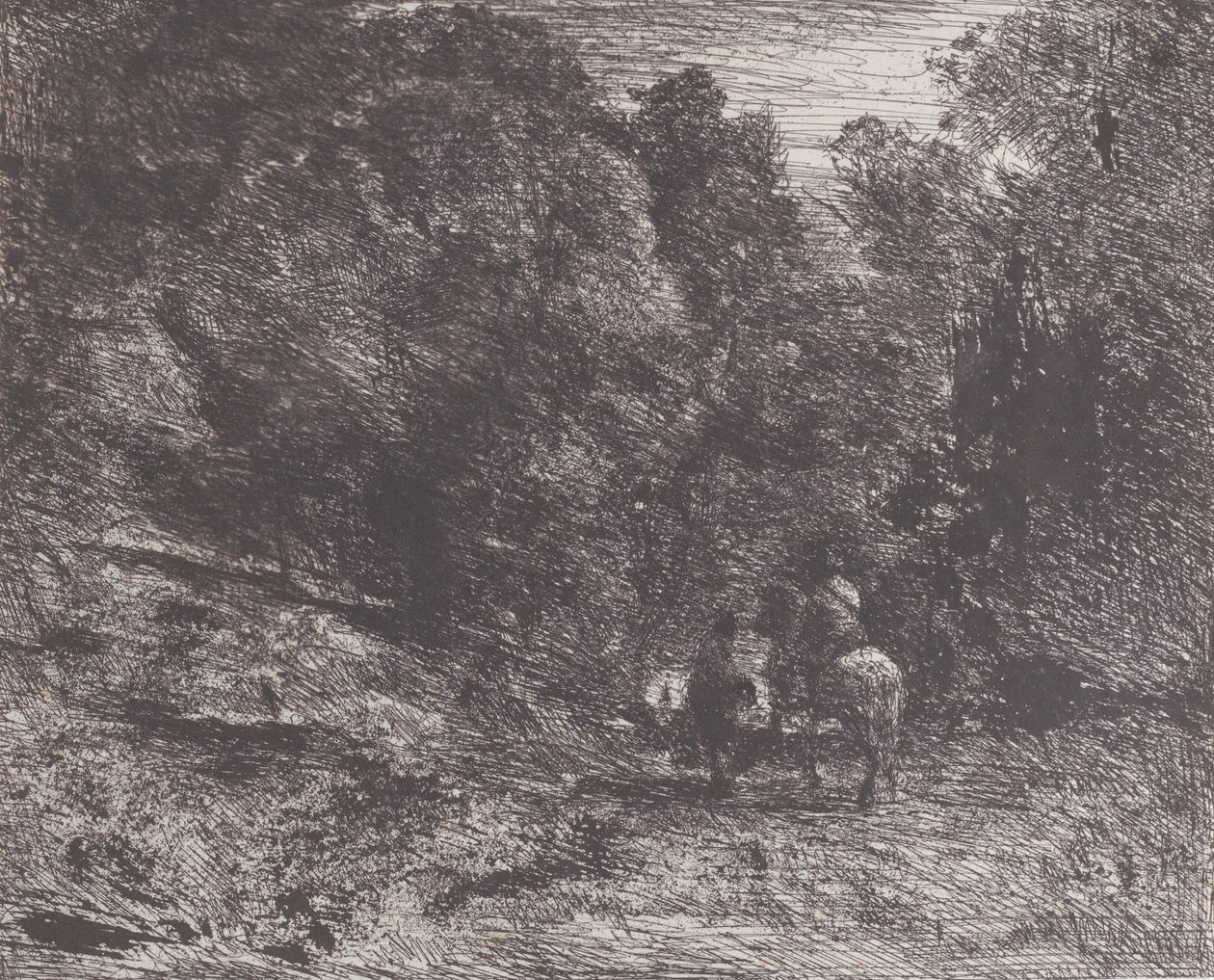 Dwóch podróżników w lesie Jeździec w lesie i pieszy, 1854. autorstwa Jean Baptiste Camille Corot